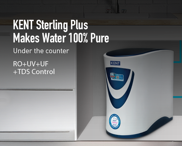 KENT Sterling Plus water purifier with sleek design and digital display, showcasing advanced filtration system from Kent RO Systems.