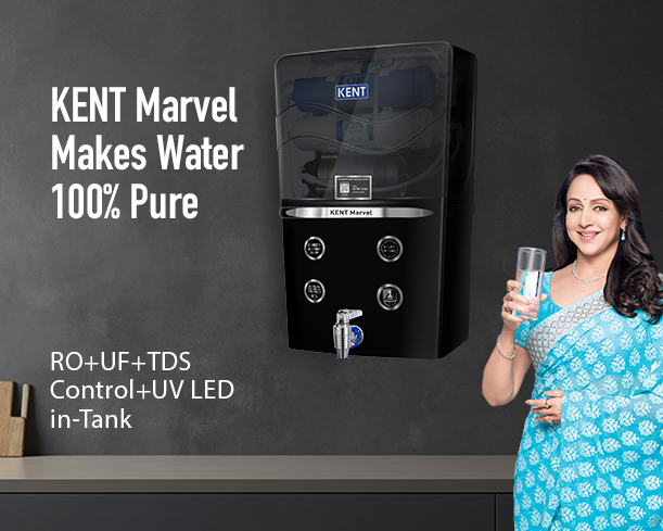 KENT Marvel RO Water Purifier with sleek white design and digital display, featuring a faucet and filtration system.