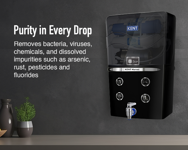 KENT Marvel RO Water Purifier from Kent RO Systems showing a sleek white water purifier with digital display and faucet.