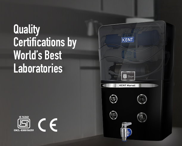 KENT Marvel RO water purifier with transparent blue casing and digital display, designed for clean drinking water.