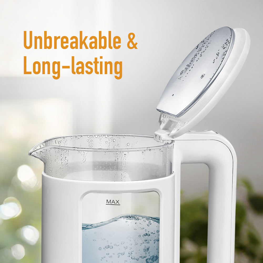 Kent Cool Touch Glass Kettle from Kent RO Systems with a clear glass body and black handle, featuring a modern electric design.