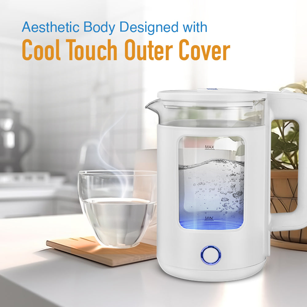 Kent Cool Touch Glass Kettle with stainless steel handle and illuminated power indicator, designed for safe, easy boiling.