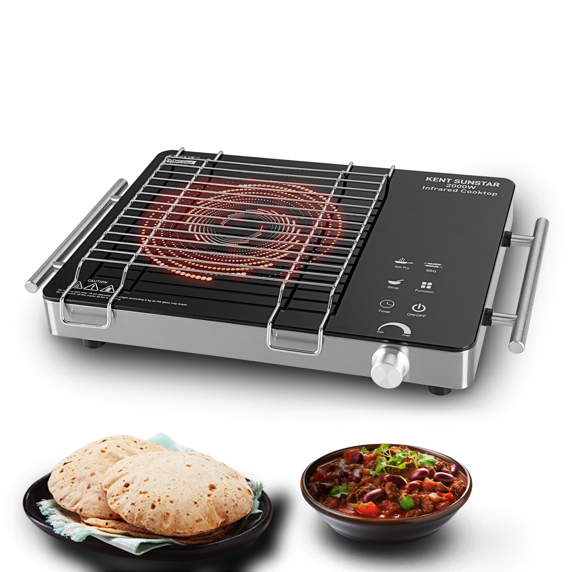Kent Sunstar infrared cooktop with sleek black surface and control panel, ideal for efficient home cooking.