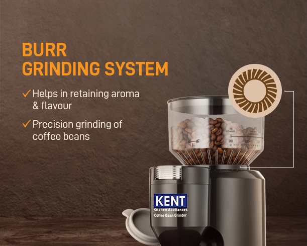 Kent coffee bean grinder by Kent RO Systems with stainless steel grinding burrs and compact design for fresh coffee at home.