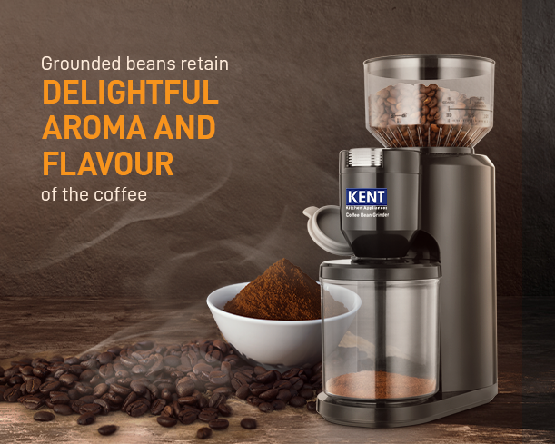 Kent coffee bean grinder by Kent RO Systems, showing a close-up of the electric grinder with coffee beans inside.