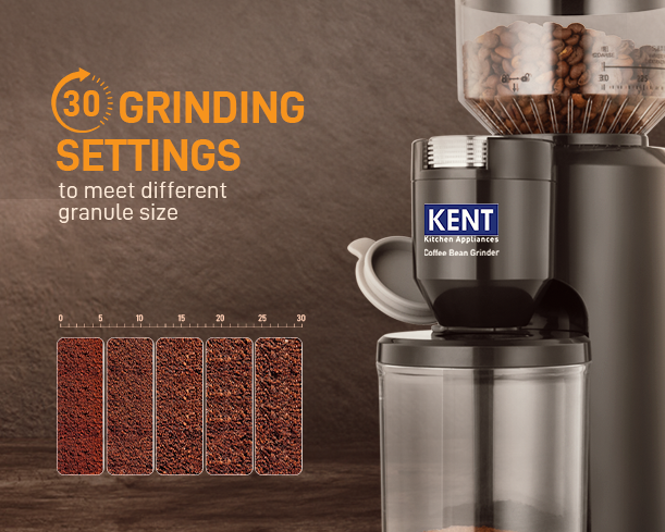 Kent coffee bean grinder from Kent RO Systems with stainless steel conical burrs and a black plastic body.