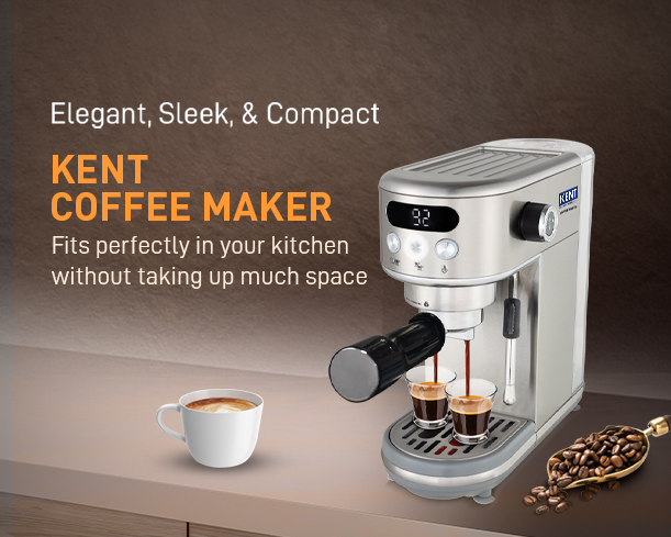 Kent Coffee Maker by Kent RO Systems with a sleek design, featuring a glass carafe and control panel for brewing coffee.