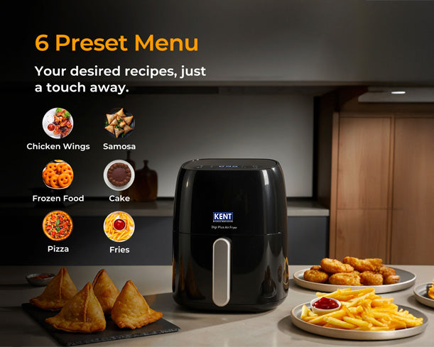 Kent Digi Plus Air Fryer 4L from Kent RO Systems, showcasing the sleek black appliance with digital controls and spacious cooking basket.