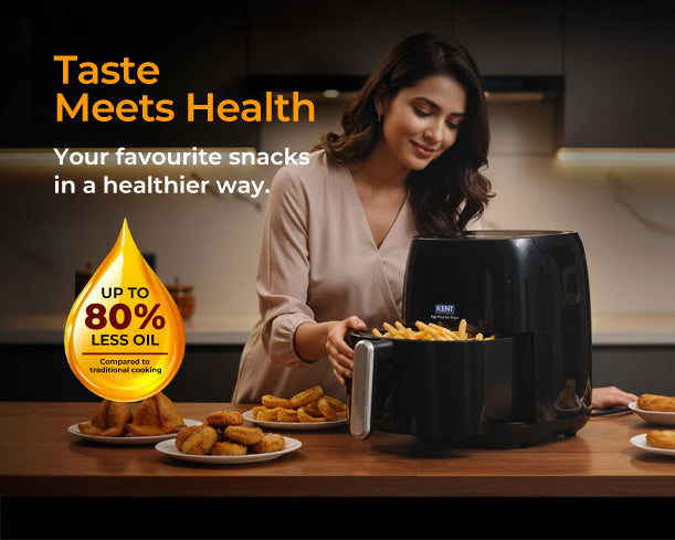 Kent Digi Plus Air Fryer 4L, sleek black kitchen appliance with digital controls and spacious frying basket, designed for healthy cooking.