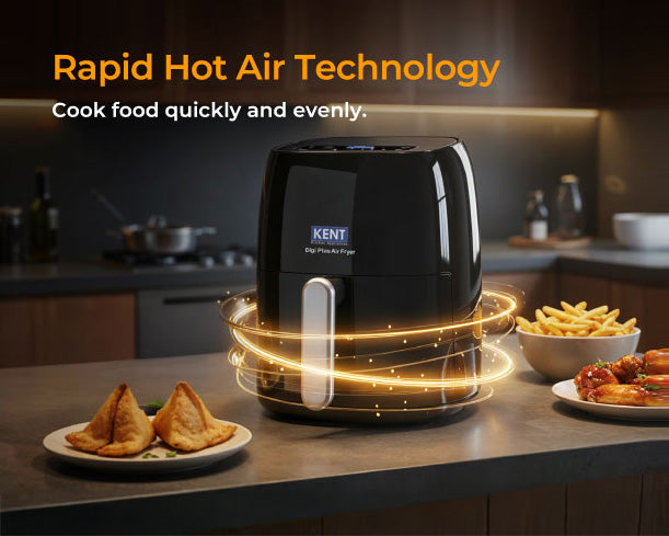 Kent Digi Plus Air Fryer 4L from Kent RO Systems, featuring a sleek black design with digital controls and a spacious frying basket.