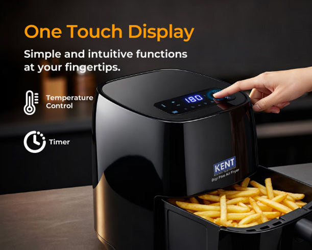 Kent Digi Plus 4L air fryer with digital controls and sleek design, showcasing its compact size and modern cooking features.