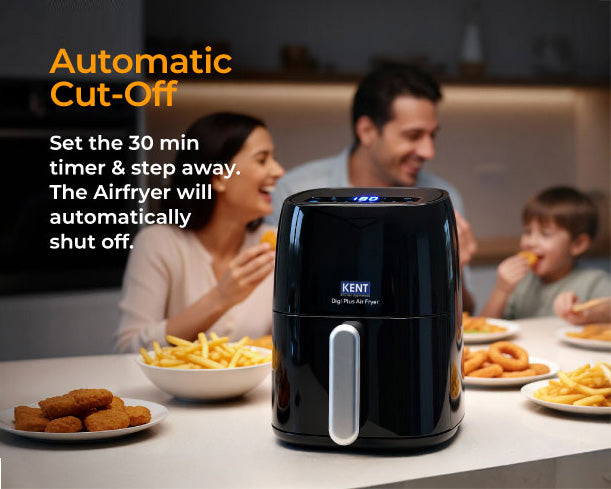 Kent Digi Plus Air Fryer 4L, sleek black kitchen appliance with digital controls and spacious 4-liter capacity.