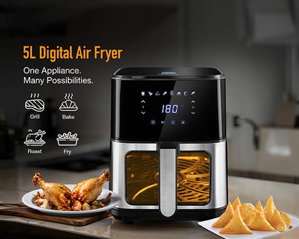 Kent digital air fryer 5L, compact kitchen appliance with digital controls and a spacious cooking basket, ideal for healthy frying.