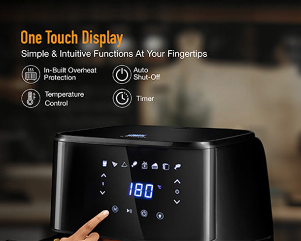 Kent digital air fryer with 5L capacity, sleek black design, digital control panel, and adjustable temperature settings.