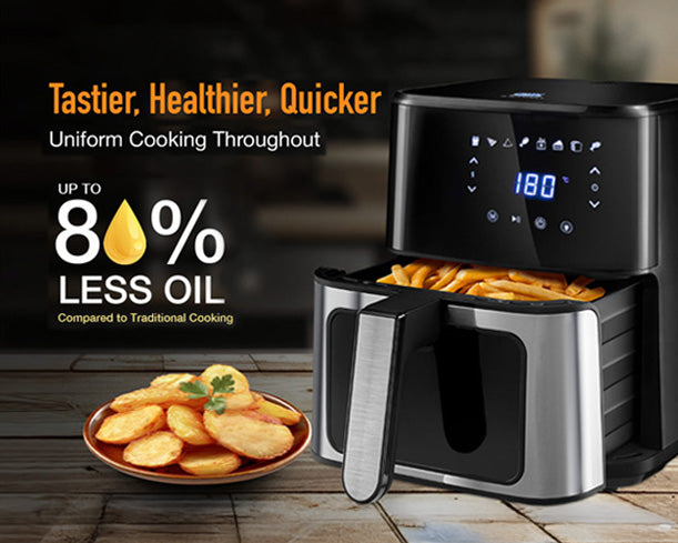 Kent digital air fryer with 5L capacity, sleek black design, and digital control panel for healthy cooking.