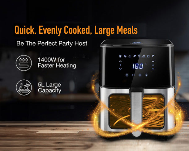 Kent digital air fryer with 5L capacity, compact design, and digital controls for healthy frying at home.