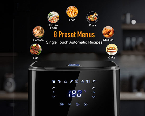Kent digital air fryer with 5L capacity, sleek black design, digital control panel, and removable basket for healthy cooking.