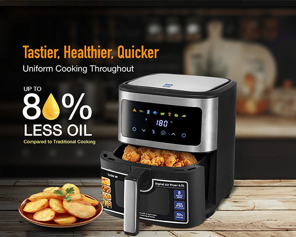 Kent digital air fryer with a 6.5L capacity, sleek black design, digital control panel, and compact countertop appliance.