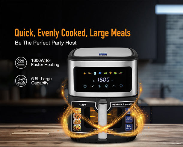Kent digital air fryer with 6.5L capacity, featuring a sleek design and digital controls for healthy frying.