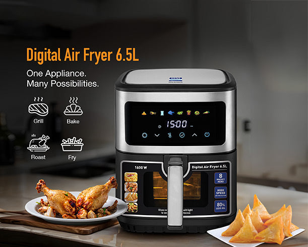 Kent digital air fryer with 6.5L capacity, featuring a sleek design and digital touchscreen control for healthy cooking.
