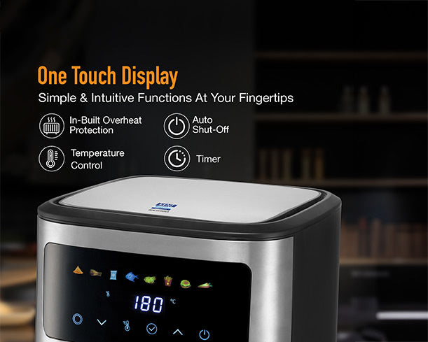 Kent digital air fryer with 6.5L capacity, featuring digital controls and sleek black finish for healthy frying at home.