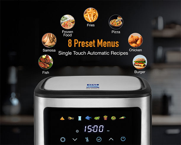 Kent digital air fryer with 6.5L capacity, featuring a sleek black design and digital touchscreen controls.