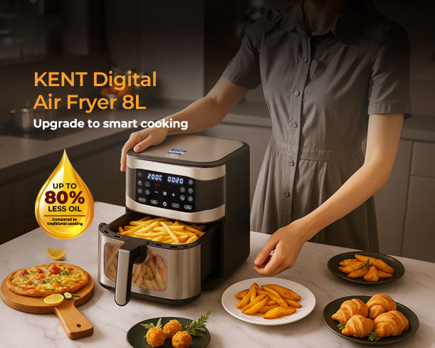 Kent Digital Air Fryer 8L from Kent RO Systems, showing a sleek black kitchen appliance with digital controls and a large capacity basket.