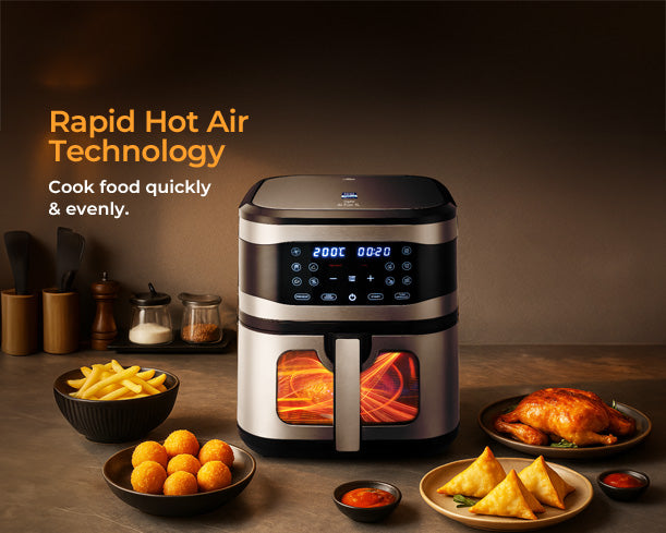 Kent digital 8L air fryer showing a sleek black appliance with a digital control panel and spacious cooking basket.