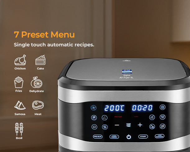 Kent digital air fryer 8L with digital display and sleek design, ideal for healthy cooking and crispy meals.