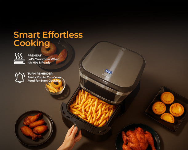 Kent digital 8L air fryer showing a sleek black design with digital control panel and spacious cooking basket.