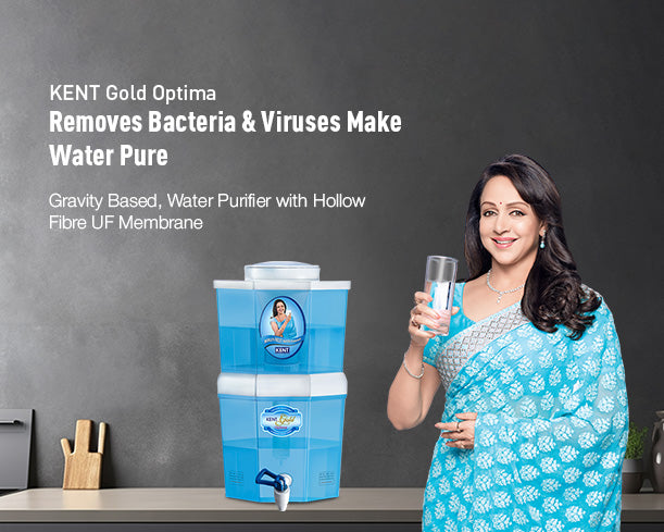 Kent Gold Optima gravity water purifier with transparent blue water container and control panel, from Kent RO Systems.