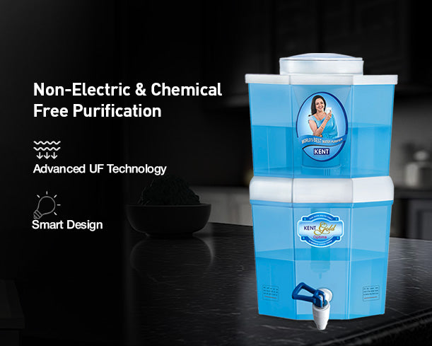 Kent Gold Optima gravity water purifier with transparent plastic body and spout, designed for clean drinking water.