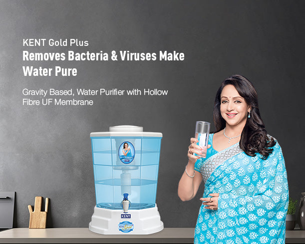 Kent Gold Plus gravity water purifier with transparent top and white body, showcasing its filtration system and spout.