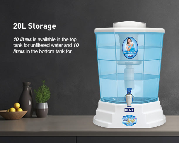 Kent Gold Plus gravity water purifier in white with a transparent water tank and multiple filters, designed for clean drinking water.