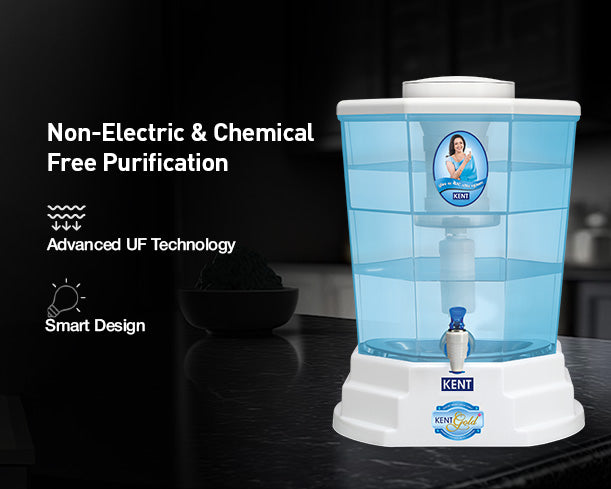 Kent Gold Plus gravity water purifier with white and blue design, showing the purifier unit with multiple filters and a water storage tank.