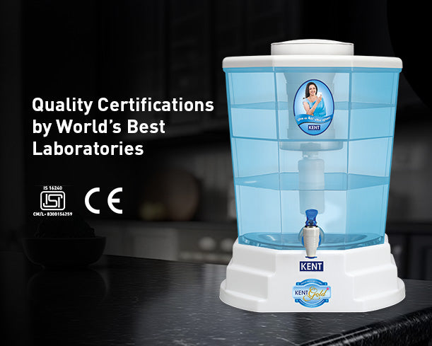 Kent Gold Plus gravity water purifier with transparent container and sleek design for clean drinking water.