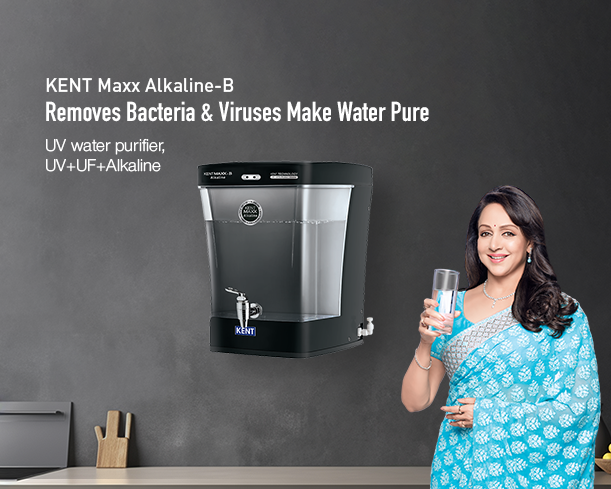 Kent Maxx Alkaline B UV Water Purifier from Kent RO Systems with a sleek design and control panel.