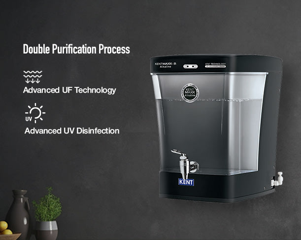 Kent Maxx Alkaline B UV water purifier from Kent RO Systems with transparent housing and control panel for clean drinking water.