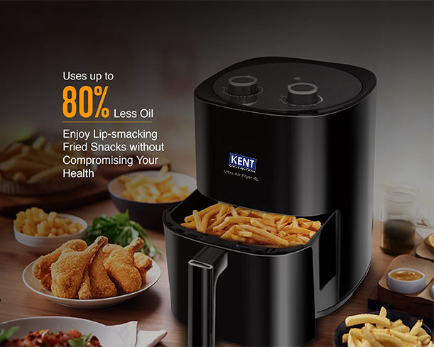 Kent Ultra Air Fryer 4L, compact kitchen appliance with digital controls and non-stick basket for healthy frying.
