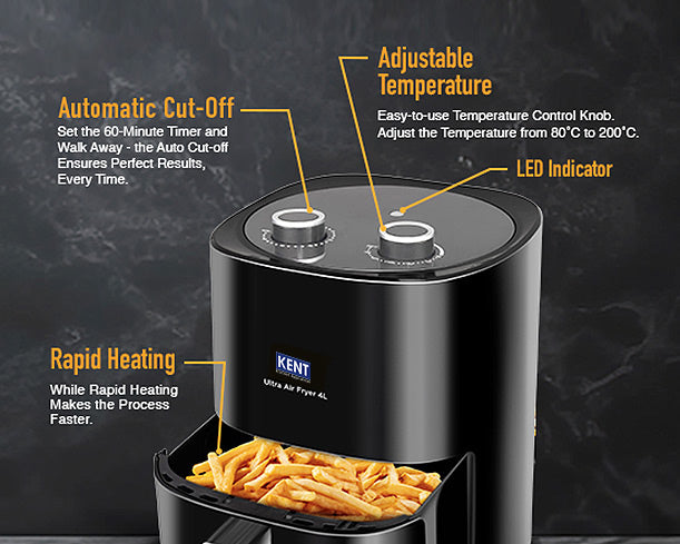 Kent Ultra Air Fryer 4L with sleek black design and digital controls for healthy, oil-free cooking.