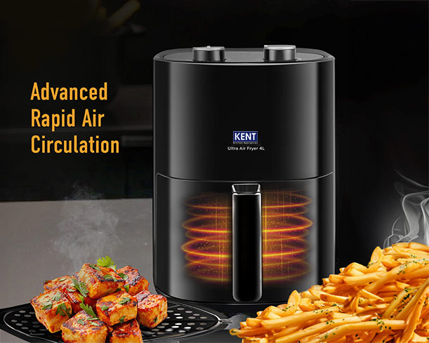 Kent Ultra Air Fryer 4L with digital display, black finish, and removable basket for healthy, oil-free cooking.