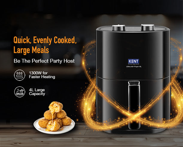 Kent Ultra Air Fryer 4L in black with digital display and control buttons, ready for healthy cooking.