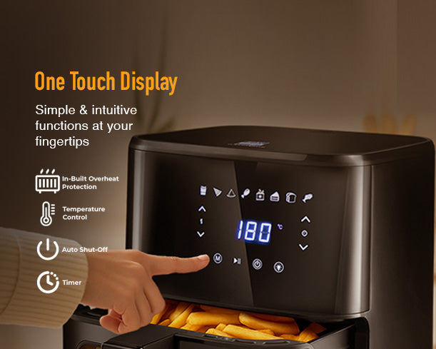 Kent Ultra Digital Air Fryer 4.5L showing digital control panel and spacious cooking basket for healthy frying.