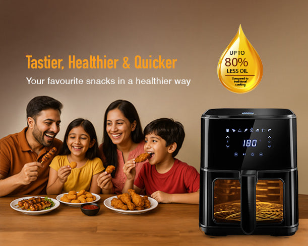 Kent Ultra Digital Air Fryer 4.5L showing digital control panel and spacious cooking basket.