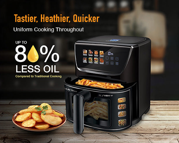 Kent Ultra Digital Air Fryer 5L, sleek black appliance with digital control panel and spacious basket for healthy cooking.