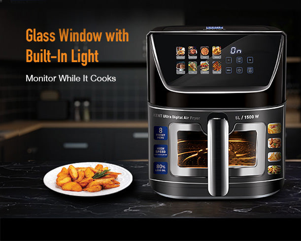 Kent Ultra Digital Air Fryer 5L, compact kitchen appliance with digital controls and non-stick basket for healthy frying.