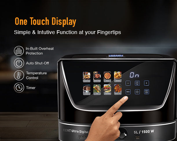 Kent Ultra Digital Air Fryer 5L, compact kitchen appliance with digital controls and sleek design for healthy frying.