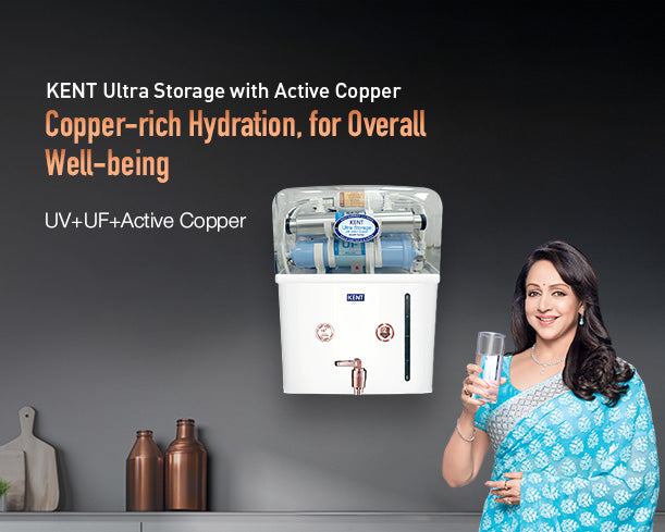 Kent Ultra Storage UV water purifier with copper, featuring a sleek design and clear water outlet for clean drinking water.