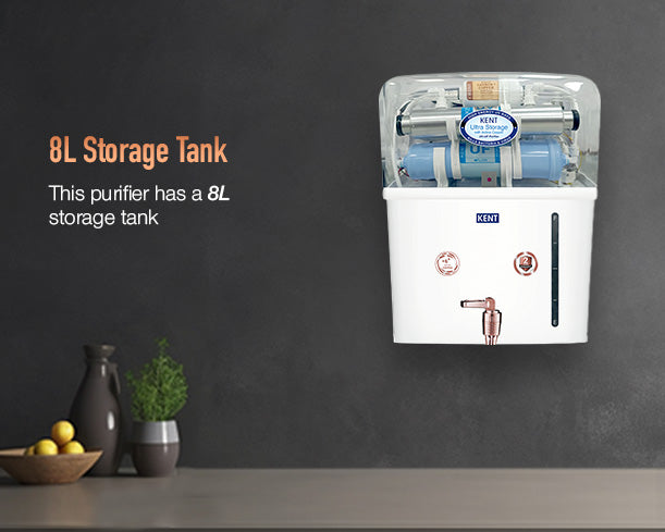 Kent Ultra Storage UV Water Purifier with copper tank from Kent RO Systems showing the device and its sleek design.