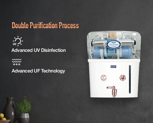 Kent Ultra Storage UV Water Purifier with copper tank, featuring a sleek design and clear water outlet, from Kent RO Systems.